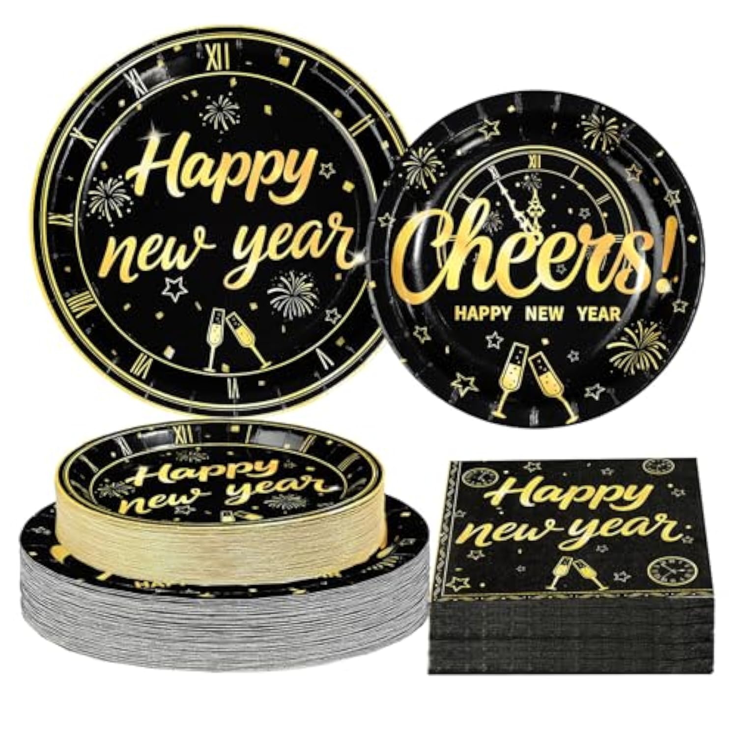200Pcs Happy New Year 2026 Party Decorations Black Gold Firework Paper Plates And Napkins Disposable Cheers To 2026 Tableware Sets For New Year'S Eve Christmas Holiday Birthday Decorations, Serves 50