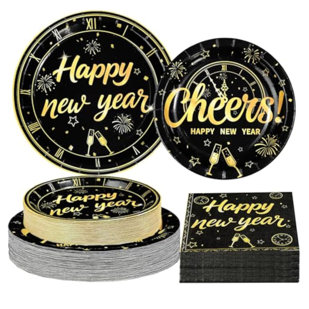 200Pcs Happy New Year 2026 Party Decorations Black Gold Firework Paper Plates And Napkins Disposable Cheers To 2026 Tableware Sets For New Year'S Eve Christmas Holiday Birthday Decorations, Serves 50