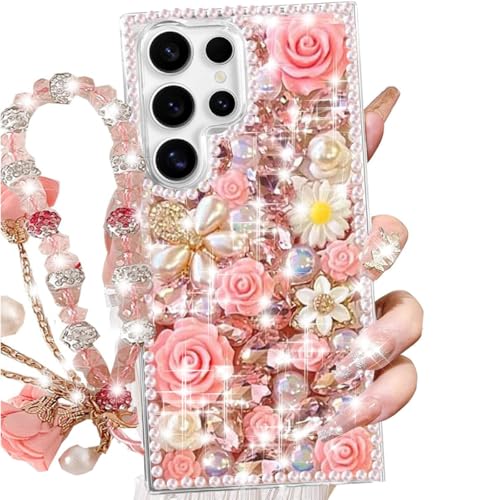 for  Galaxy S26 Ultra Glitter Bling Case, Cute Luxury 3D Sparkle Crystal Rhinestones Flowers Diamond Pearl Gems with Lanyard Wrist Strap Women