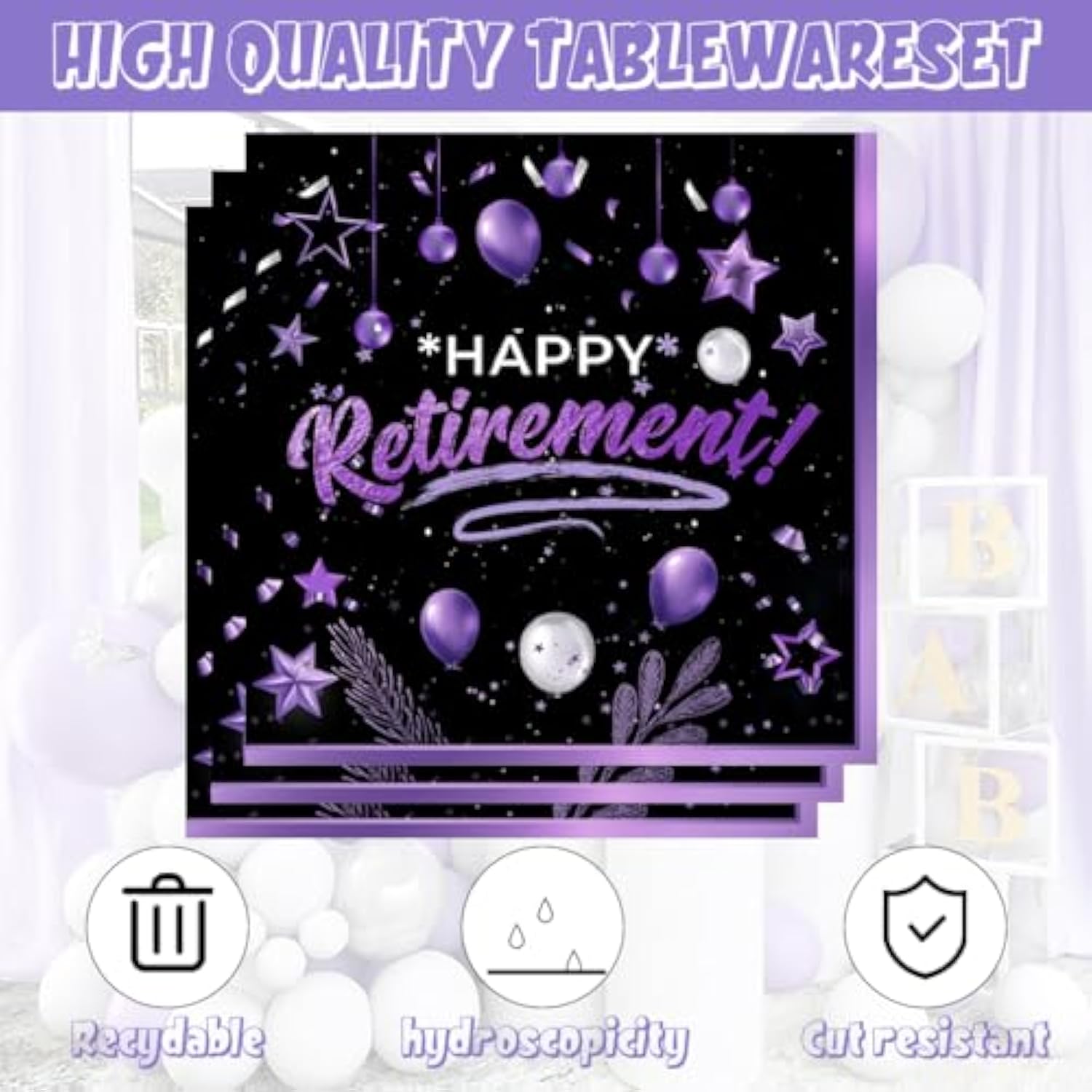 141Pcs Happy Retirement Party Decorations For 20 Guests - Purple And Black Retirement Party Plates And Napkins Forks Cups Cutlery For Men Women Say Goodbye Supplies