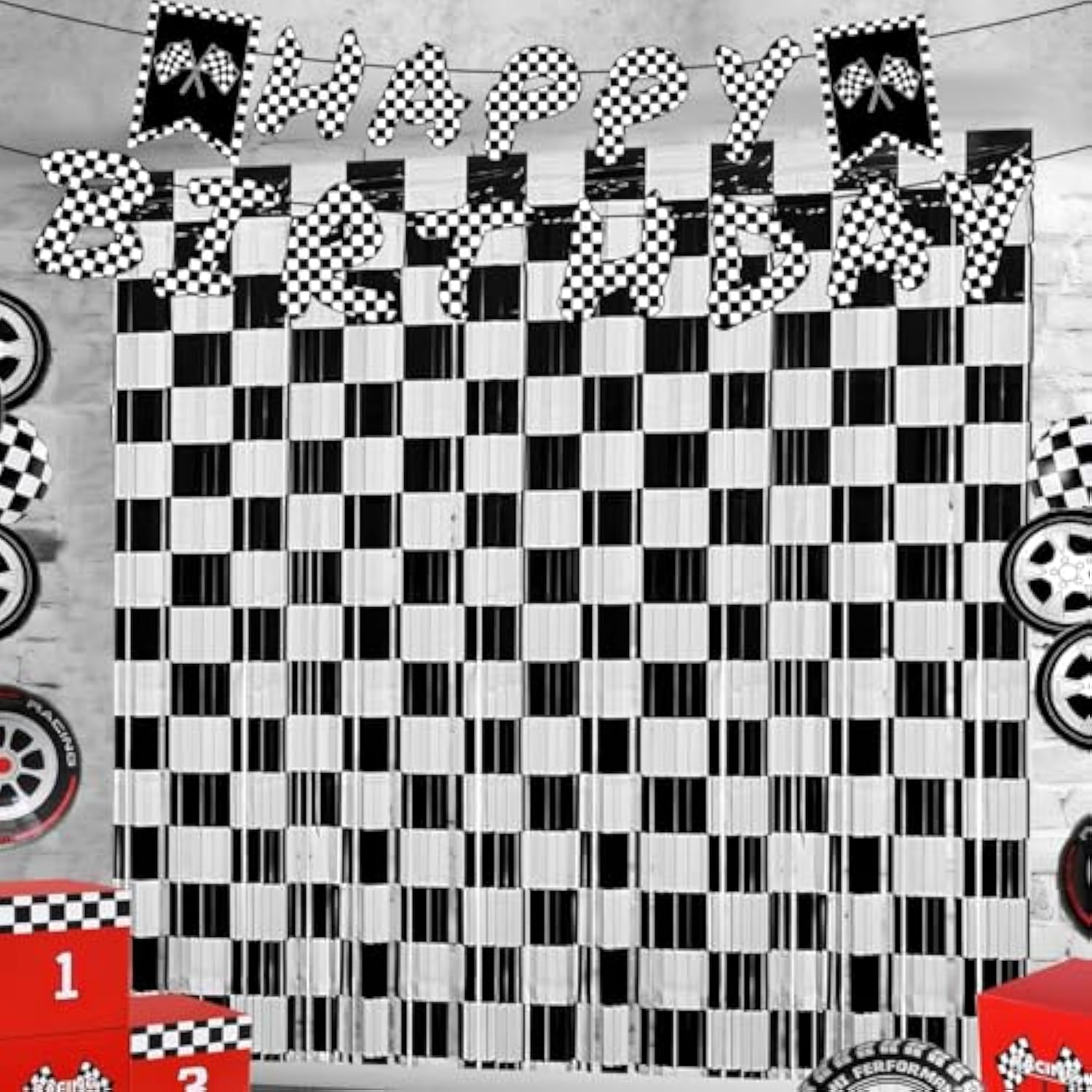 Race Car Birthday Party Streamers Backdrop Decorations, 2 Pack Black White Checkered Foil Fringe Curtain Photo Booth Props With Racing Car Birthday Banner For Back To School Car Themed Party Supplies