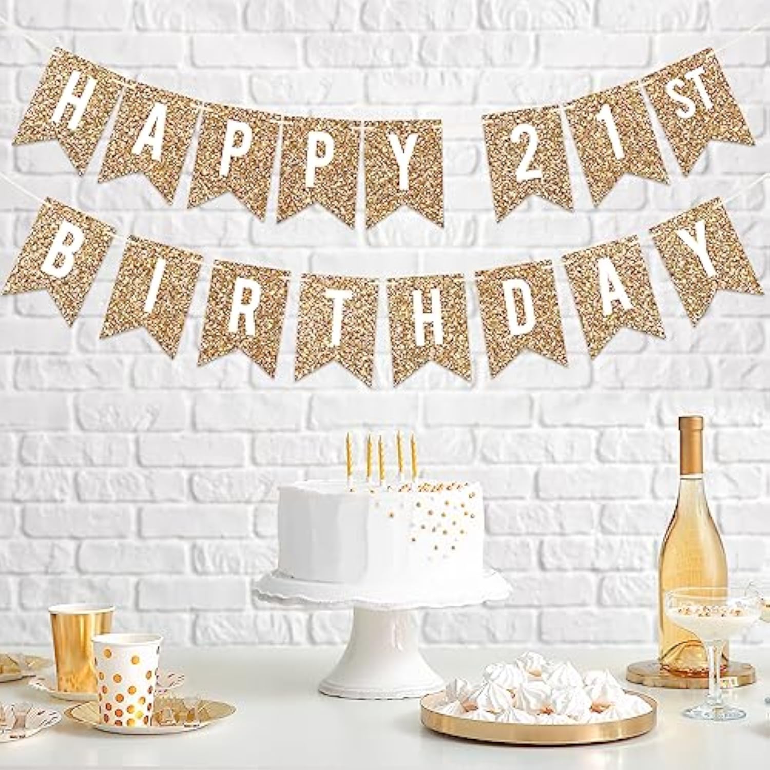 Pre-Strung Happy 21St Birthday Banner - No Diy - Gold Glitter 21St Birthday Party Banner For Men & Women - Pre-Strung Garland On 6 Ft Strands - Gold Bday Party Decorations & Decor - No Diy