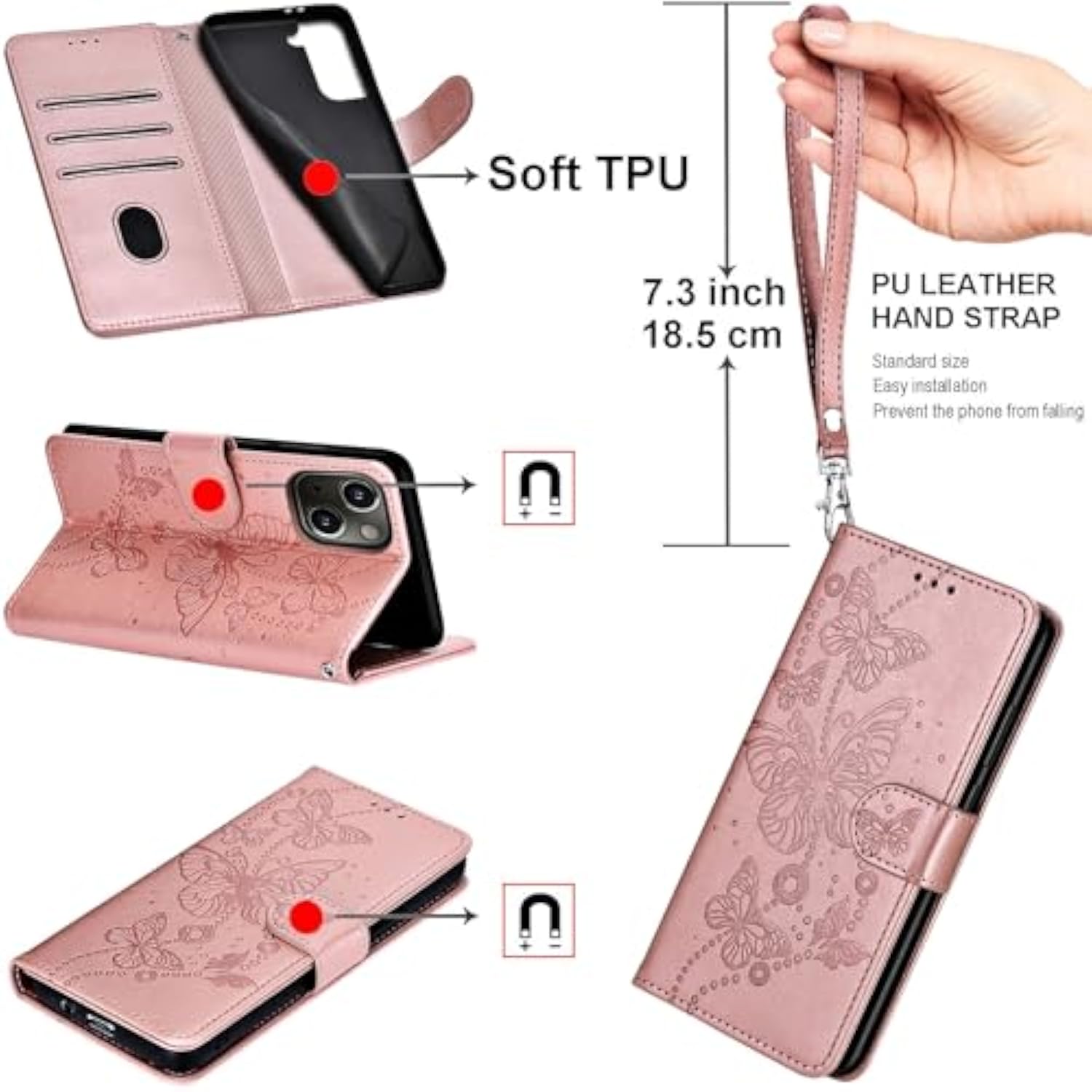 For Iphone 16 Pro Max Wallet Case, Flip Folio Cover With Stand Feature For Women Men, Pu Leather Phone Case Fit For Iphone 16 Pro Max 6.9'' [Rose Gold-Butterfly]