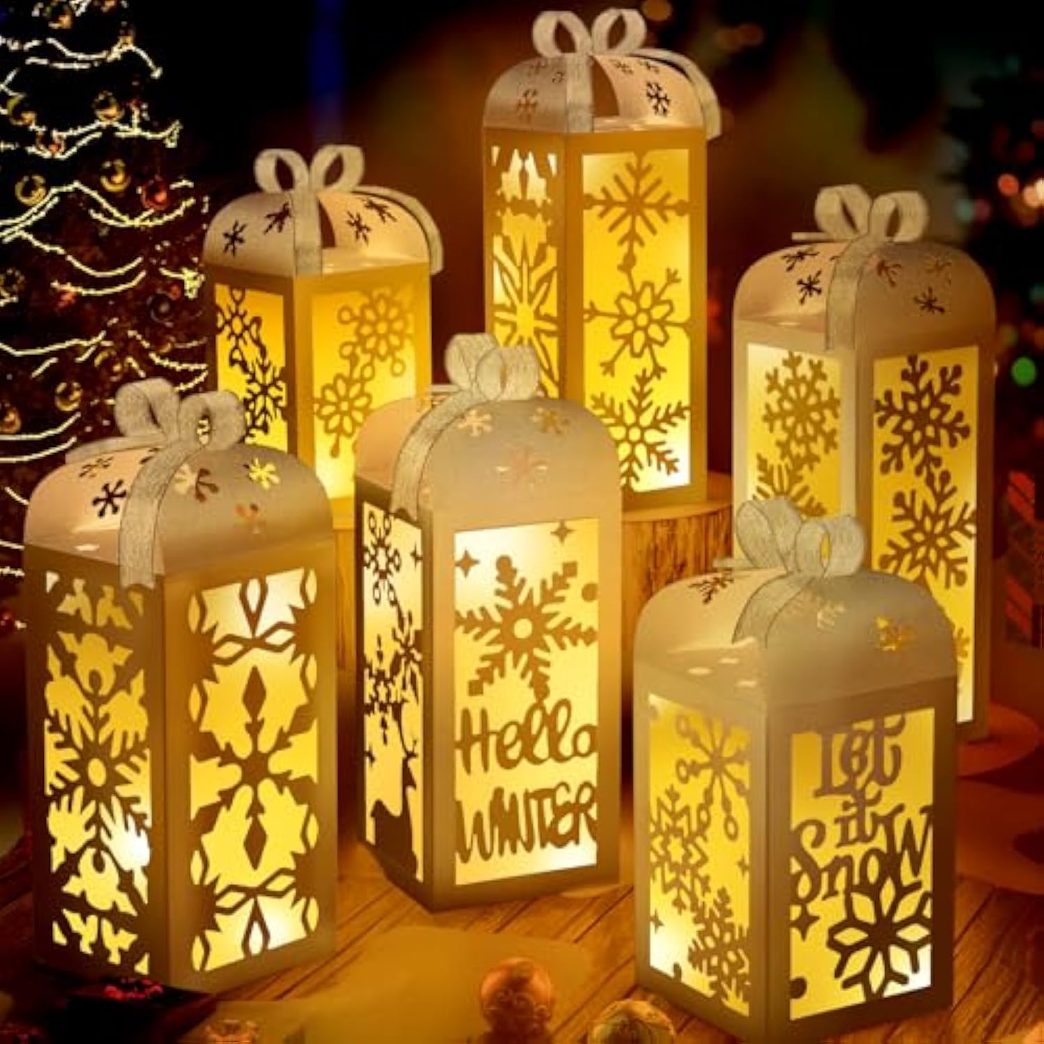 Christmas Centerpiece Table Decorations, 6Pcs Light Up White Snowflake Paper Lanterns Decorative Glitter Table Centerpiece Boxes For Winter Wonderland Christmas Holiday Party Home Decor