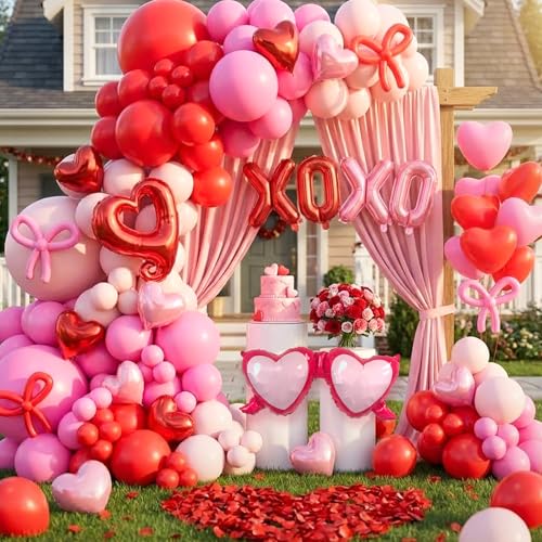 172Pcs Valentines Day Balloon Garland Arch Kit with Pink and Red Balloons 18" 12" 10" 5", XOXO Foil Balloons for Women Girls Valentines Day Wedding Engagement Anniversary Party Decorations