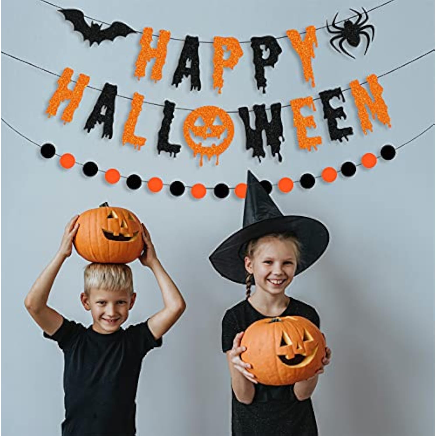 Glitter Happy Halloween Banner with Circle Dot Garland Black Orange Bat Spider Party Decor