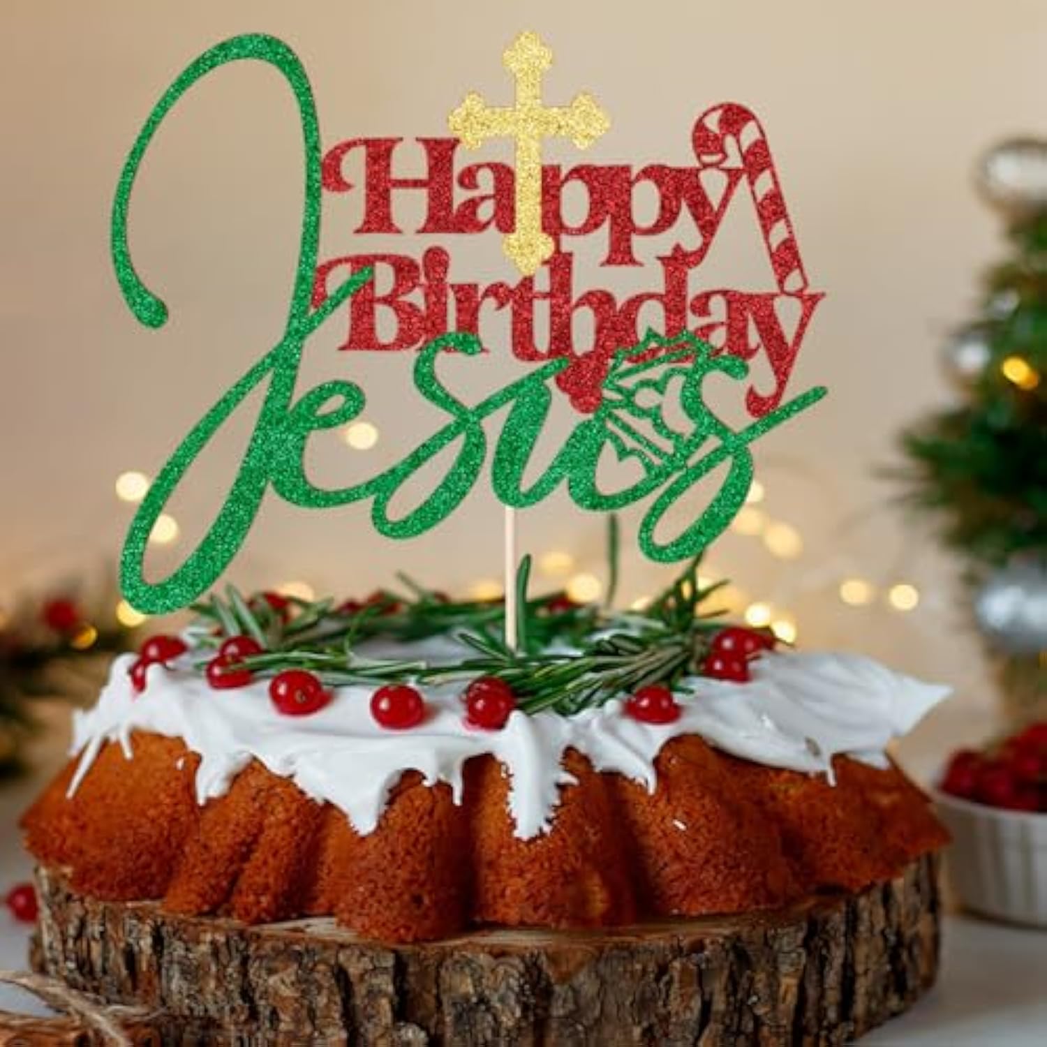 Glitter Happy Birthday Jesus Cake Topper - Jesus Birthday, Good Friday/Kids Adults Birthday Party Cake Decoration, Christmas Holidays Winter Party Supplies