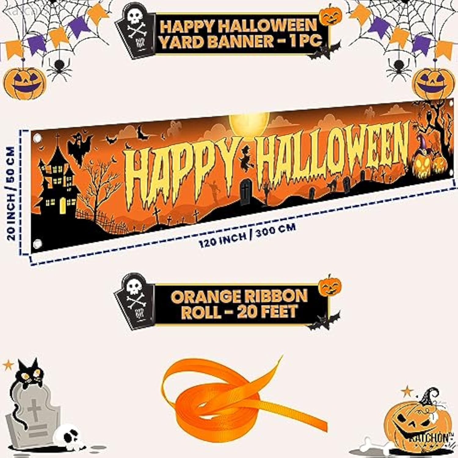 Happy Halloween Banner 120x20 Inch Orange Black Outdoor Yard Sign Party Decorations