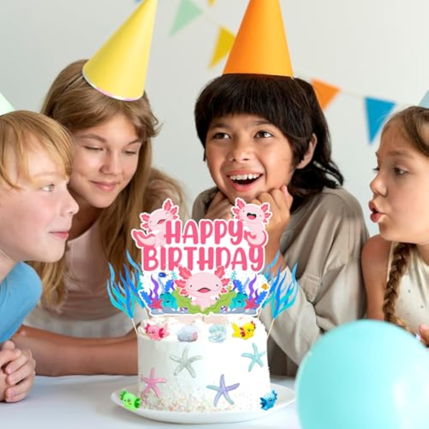 Axolotl Birthday Party Supplies- 23Pcs Axolotl Cake Decorations Include 1Cake Topper 6Pcs Artificial Seagrass 16Pcs Axolotl Cake Decorations For Birthday Party/For Baby Shower Parties/Bridal Shower