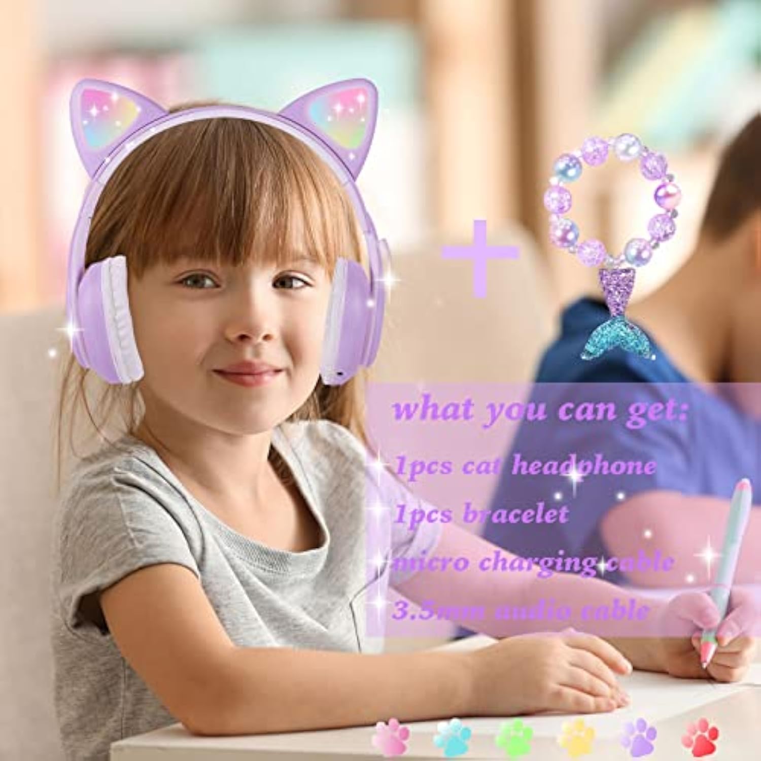 Wireless Cat Ear Headphones For Kids, Led Light Up Kids Girls Bluetooth Headph