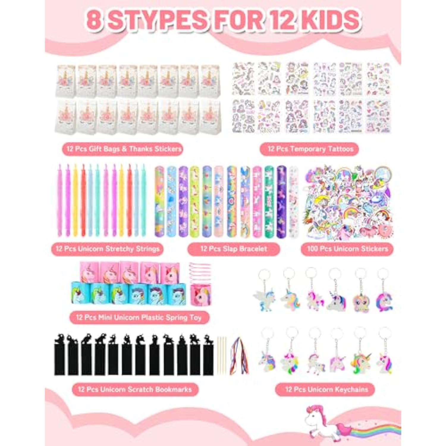 196Pcs Unicorn Party Favors Party Supplies Keychain Slap Bracelet Tattoo Sticker Goodie Bag Stuffers, Unicorn Pinata Filler For Girl Kid Birthday Pary