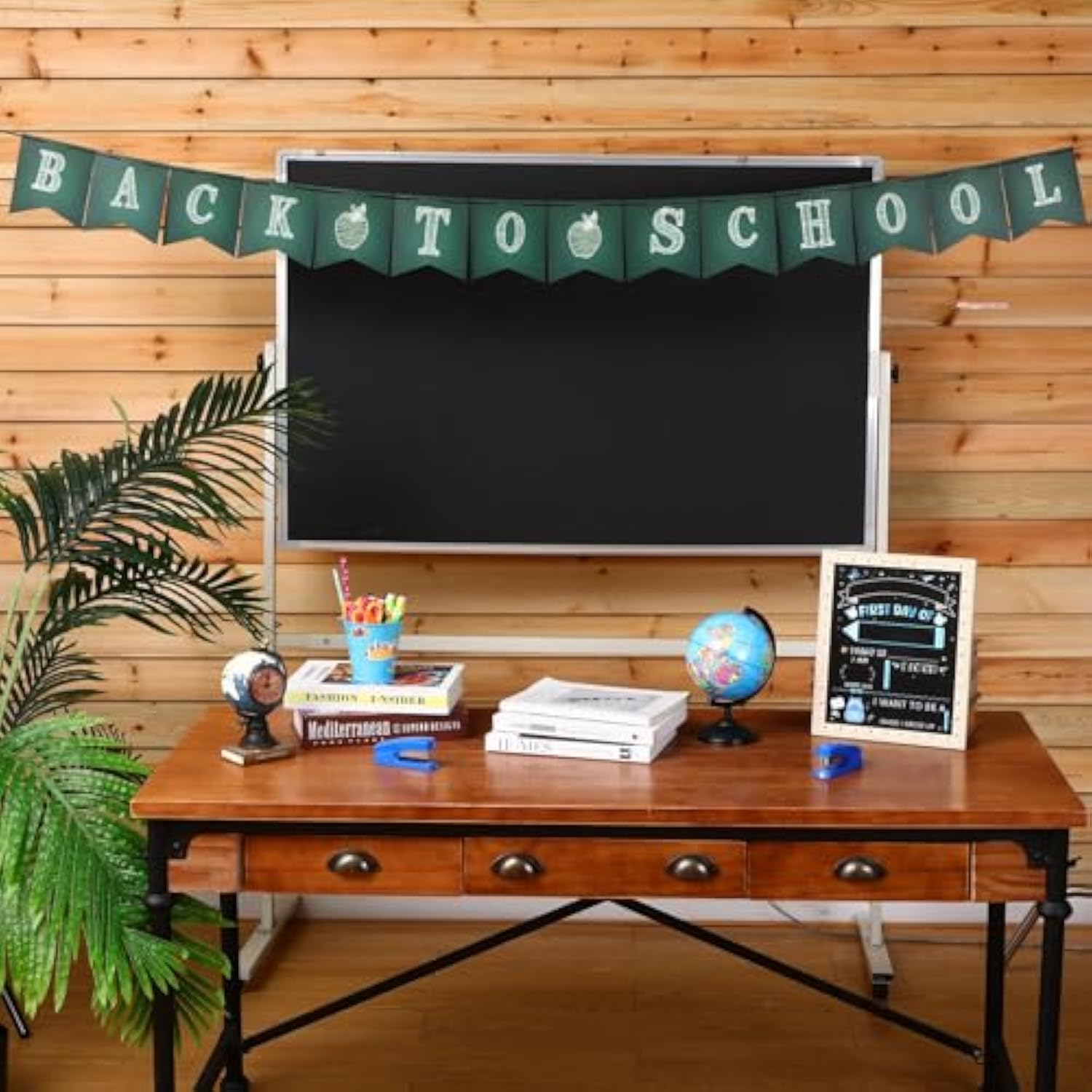 Classroom Decor Diy Banner, Welcome Back To School Party Supply Custom Hanging Bunting Garland Kit With Letters For First Day Of School Ambience Celebration Decoration(Green,Blackboard)