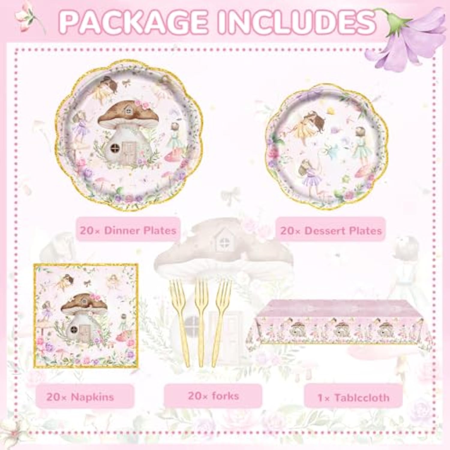 81Pcs Fairy Party Decorations For Girls 1St 2Nd Birthday Garden Flower Themed Baby Shower Party Supplies Fairies Enchanted Tableware With Paper Plates Napkins Cups Forks And Tablecloth Serve 20