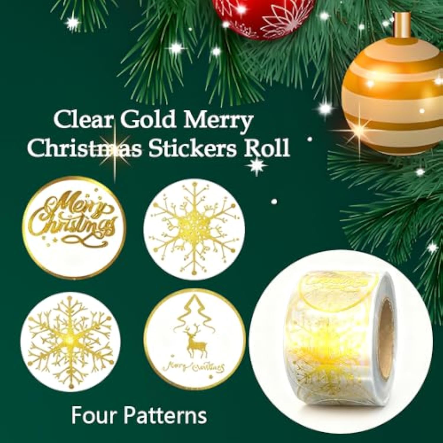 500Pcs 1.5In Clear Merry Christmas Stickers Roll, Gold Envelope Sticker Seals For Crafts, Christmas Stickers For Xmas Envelopes Invitations Cards Gifts Decor, 4 Designs