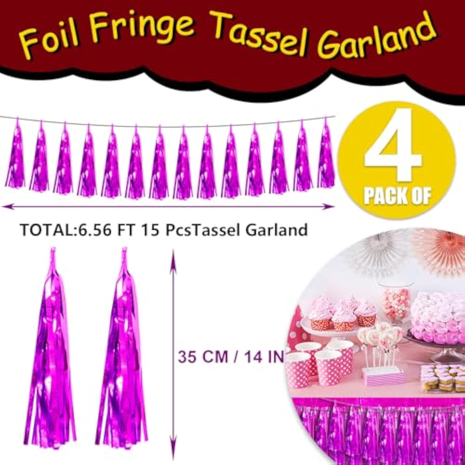 4P Hot Pink Foil Fringe Tassel Banner Garland Metallic Tinsel Streamers Wall Hanging Curtain Backdrop Banners For Parade Floats, 2024 Graduation Decorations, Wedding Party Decoration