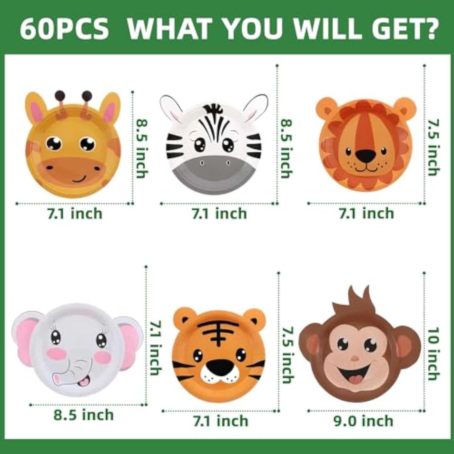 Safari Jungle Wild Animal Party Supplies 60Pcs Disposable Jungle Zoo Animal Shaped Paper Plates For Birthday Party, Baby Shower And Jungle Safari Theme Party Decorations