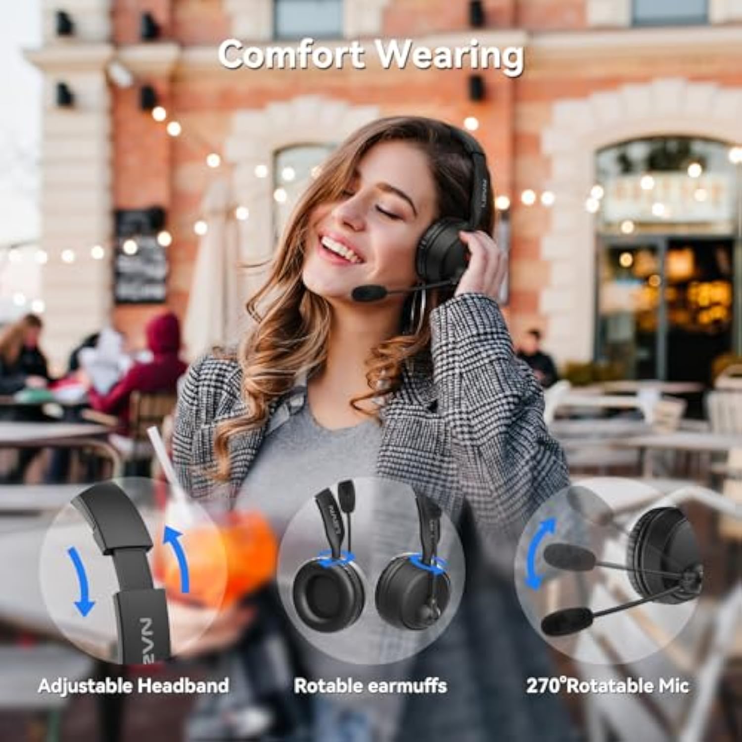 Bluetooth Headset With Mic & Mute Button, 60 Hrs Noise Cancelling Wireless Headset With Multipoint Connect To Cell Phone/Tablet/Pc/Laptop