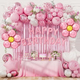 Pink Birthday Party Decorations, Pearl White Pink Metallic Pink Flower Foil Balloons Birthday Banner Butterfly Fringe Curtains Decorations For Women Girls Party Supplies