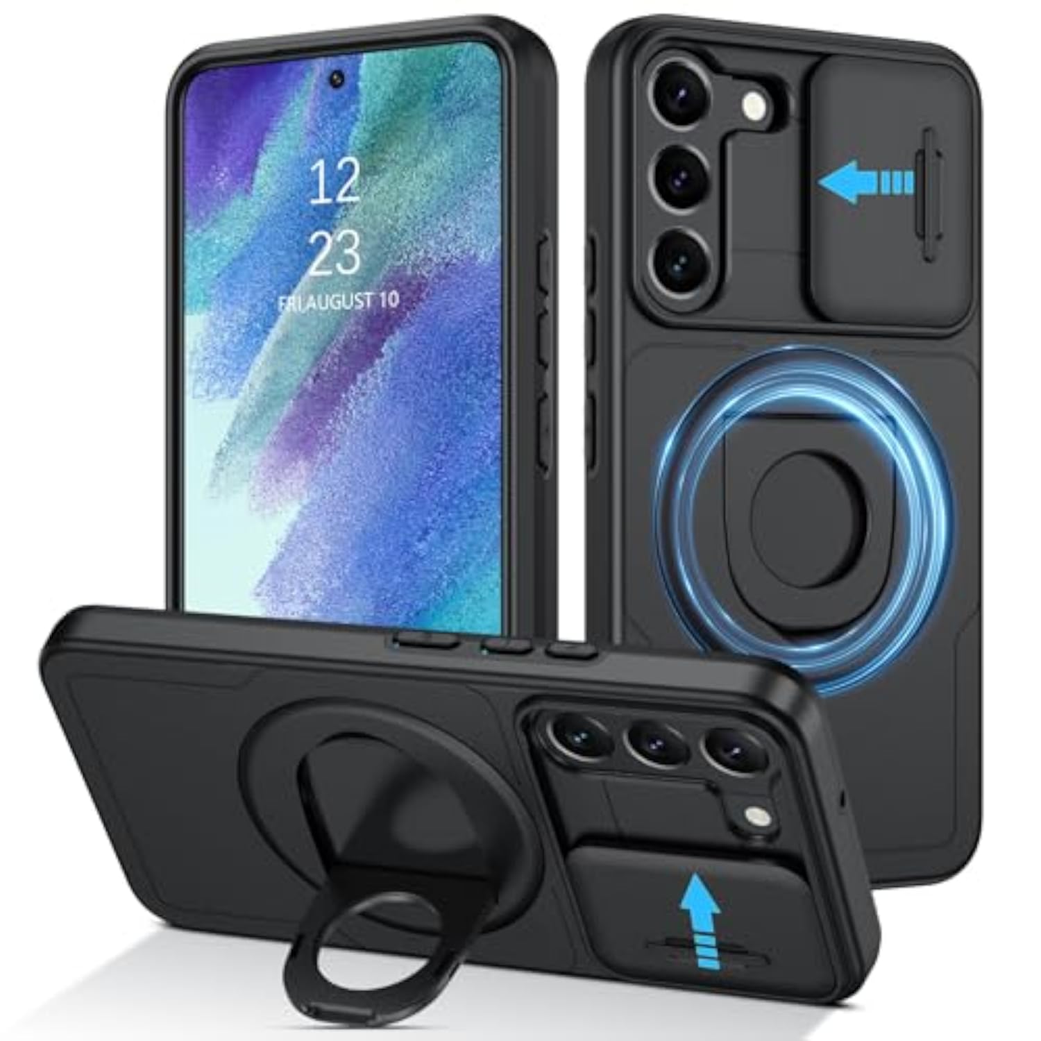 Magnetic Phone Case for Samsung Galaxy S21 FE 5G, Heavy Duty Protective Kickstand Cover with Built-in Slide Camera, Black