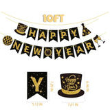 Happy New Year Banner 2026 Black Gold Party Supplies Backdrop Decorations