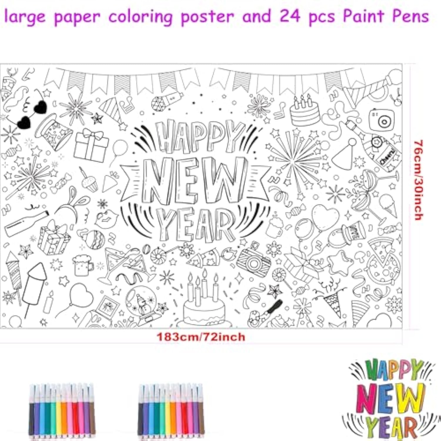 Happy New Year 2026 Giant Coloring Poster Tablecloth 72x30 with 24 Paint Pens