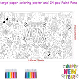 Happy New Year 2026 Giant Coloring Poster Tablecloth 72x30 with 24 Paint Pens
