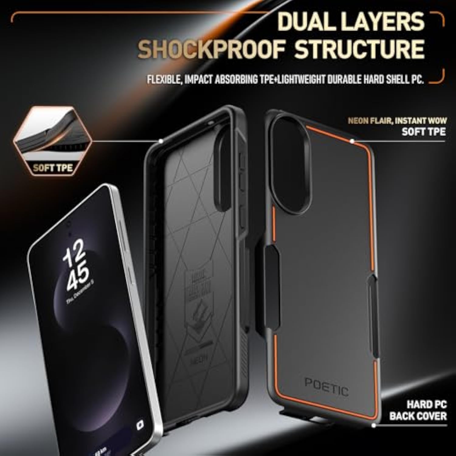 Neon Case For Samsung Galaxy S25 Edge 5G, Dual Layer Heavy Duty Rugged Lightweight Slim Shockproof Protective Cover Phone Case, Black