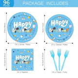 96Pcs Blue Dog Birthday Party Supplies Set For 24 Guests Happy Birthday Dessert Plates Lunch Plates Napkins Disposable Tableware Party Kit For Boys Kids