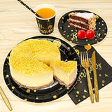 201 Pieces Gold Disposable Party Dinnerware Set &Golden Dot Birthday Black Paper Plates Napkins Cups, Gold Plastic Forks Knives Spoons (25 Guests)
