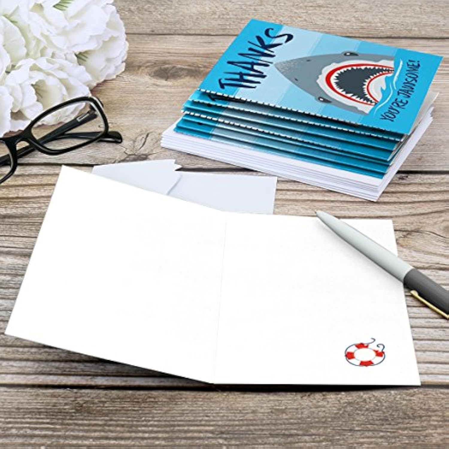 Big Dot of Happiness Shark Zone - Jawsome Shark Party or Birthday Party Thank You Cards (8 count)
