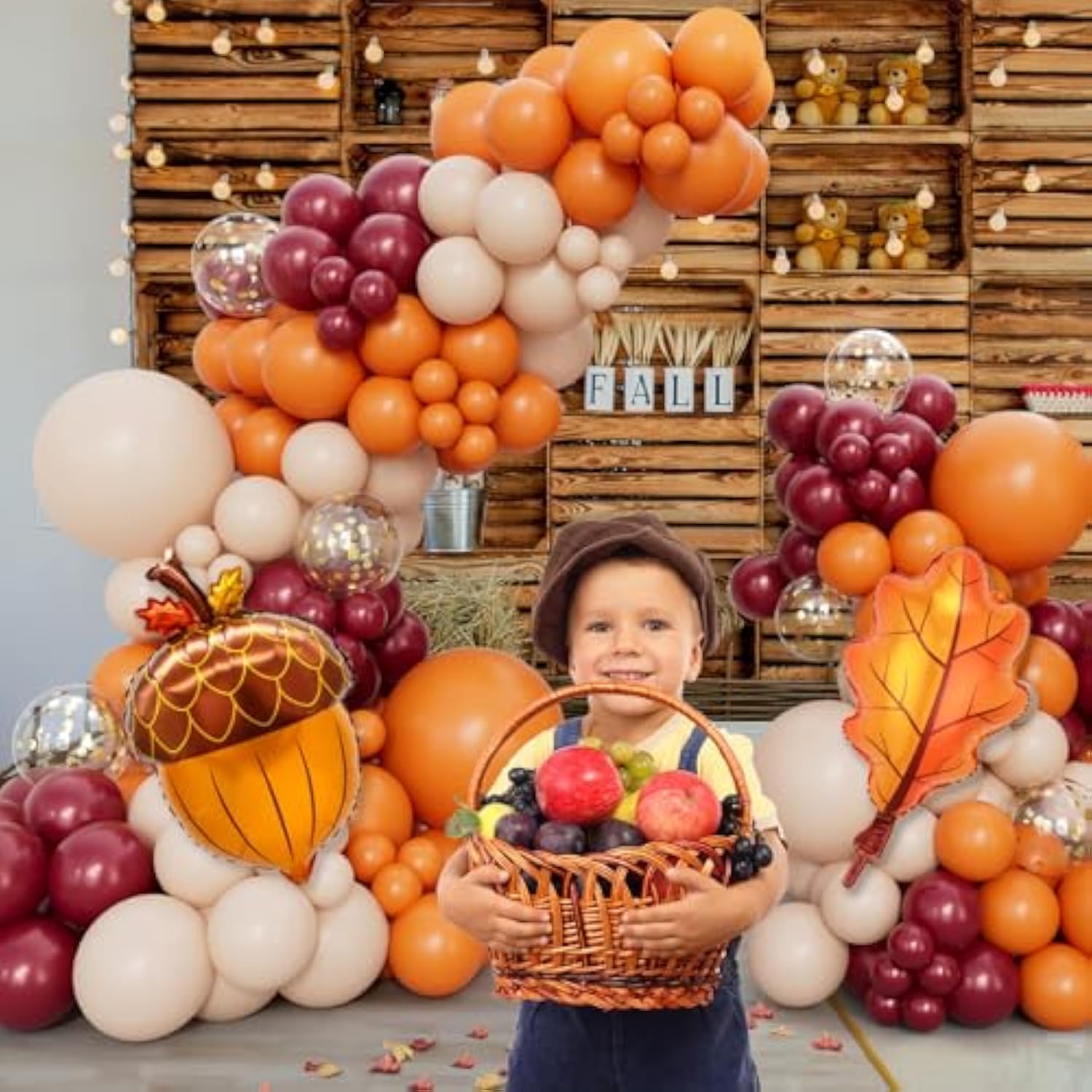 Fall Thanksgiving Balloon Arch Kit with Burgundy Orange Nude Confetti Balloons
