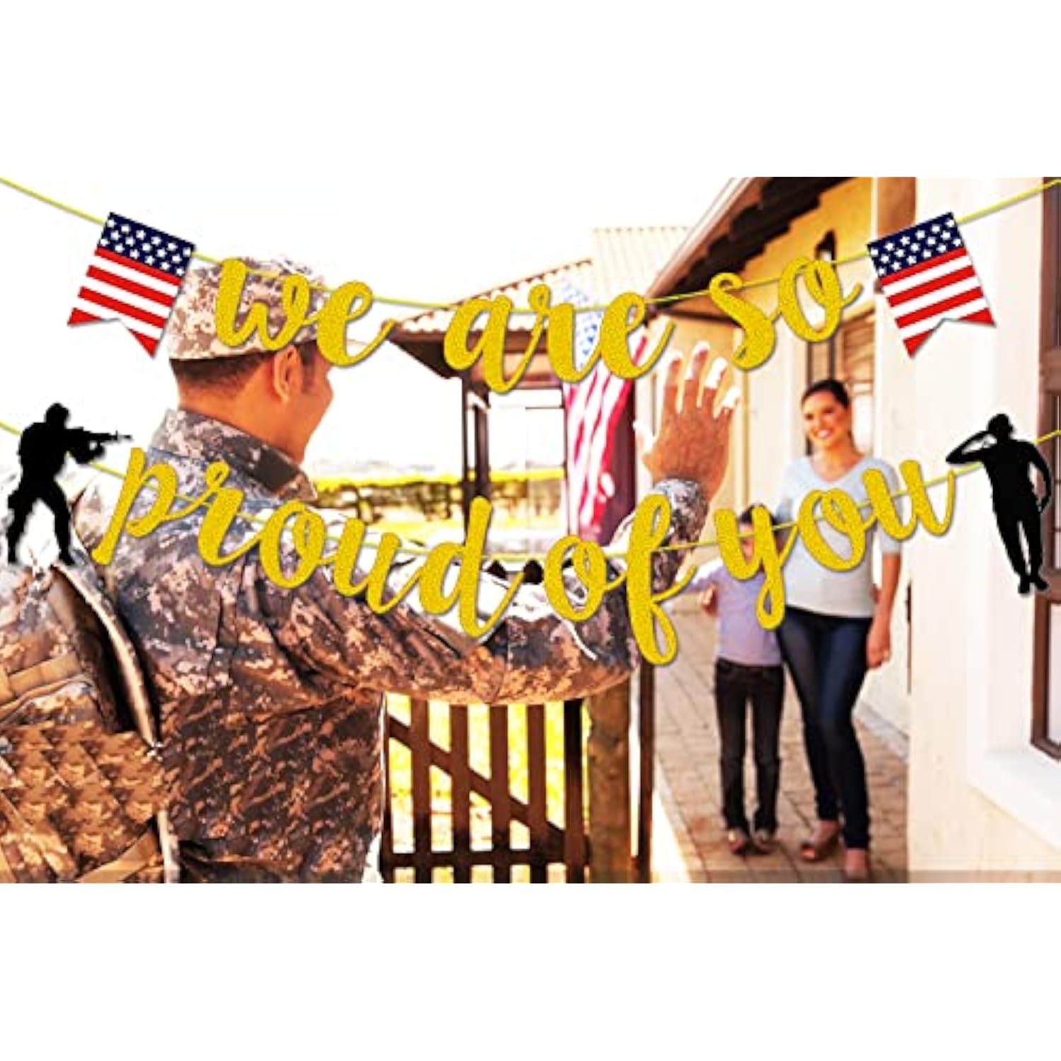 Military Going Away Party Decorations, Gold Glitter We Are So Proud Of You Banner, We Are So Proud Of You American Flag Patriotic Soldier Banner For 4Th Of July Veterans Day Themed Party Decorations