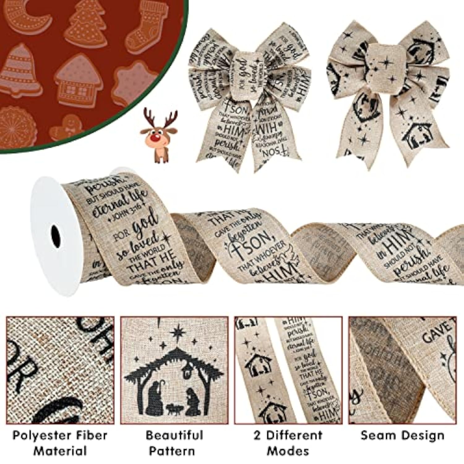 2 Rolls Christmas Jesus Wired Ribbon 2.5 Inch 20 Yard John 3:16 For Go