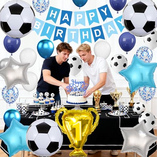 4D Soccer Party Balloons, Championship Trophy Balloon, First Prize Soccer Party Decorations, World Cup Sport Theme Birthday Party Balloons (Blue white)