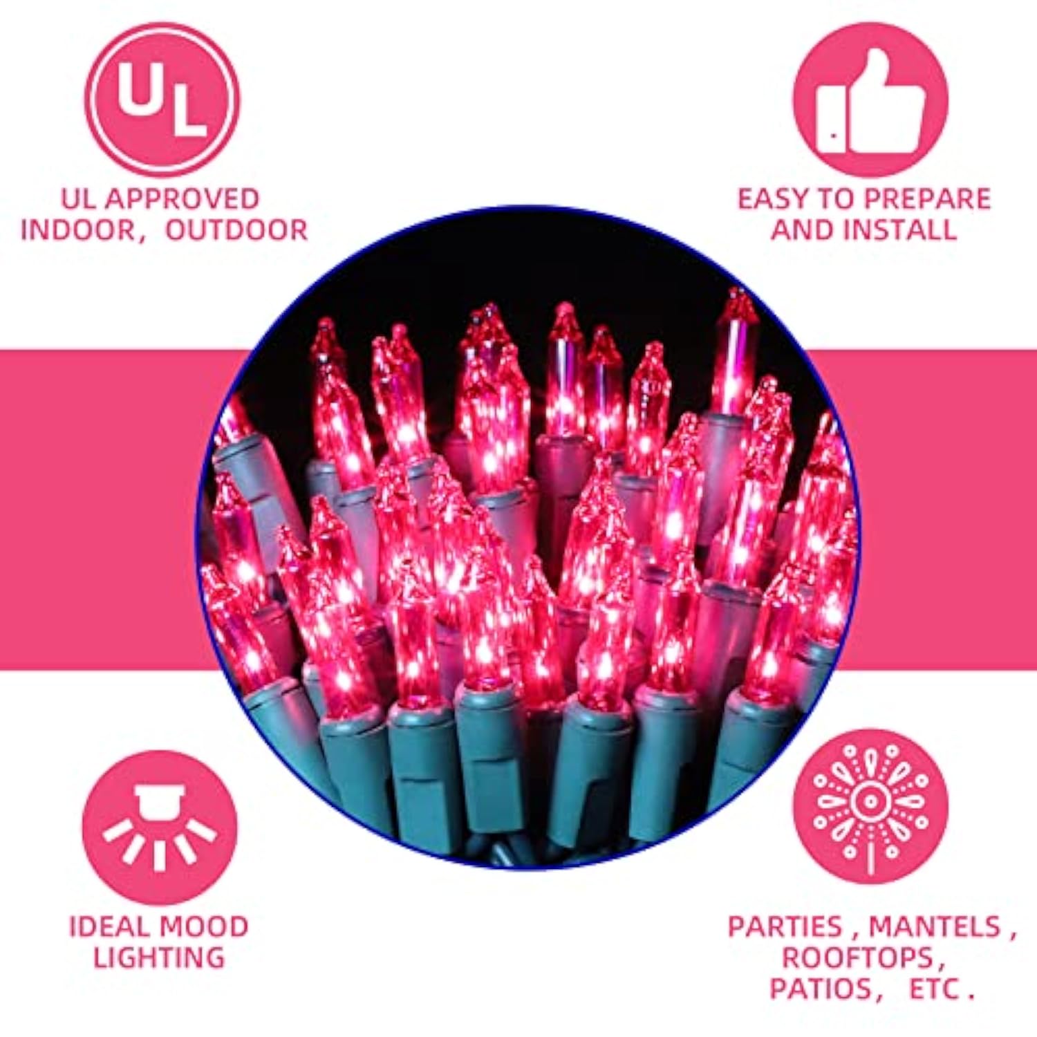 19.6Ft Green Wire Pink String Lights, 100 Count Incandescent Christmas Lights, (Pink, 100 Lights)