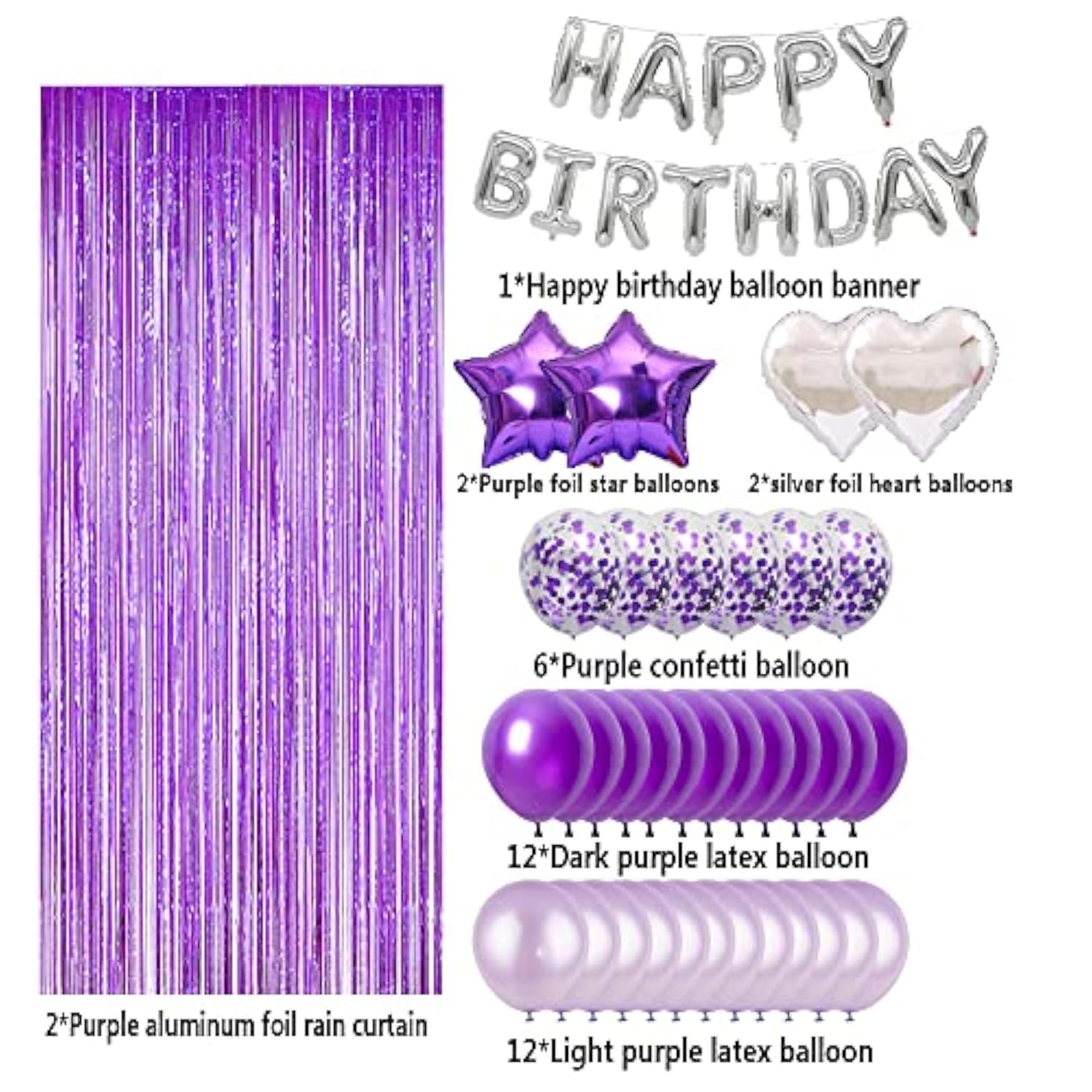 Purple & Silver Birthday Party Set – 49pcs Balloons, Fringe Curtain and 1 inches Letter Banner