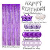 Purple & Silver Birthday Party Set – 49pcs Balloons, Fringe Curtain and 1 inches Letter Banner