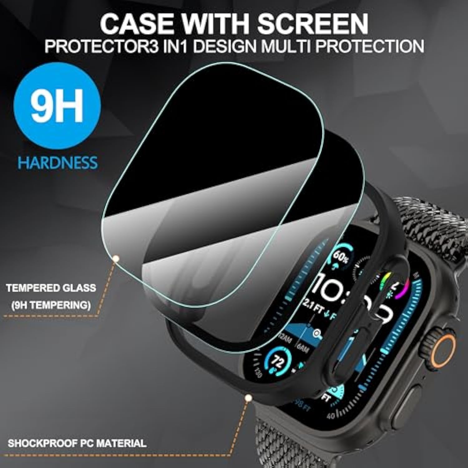 3-Pack For Apple Watch Ultra/Ultra 2 49Mm Privacy Screen Protector Case, [Anti-Peeping] Ultra-Thin Tempered Glass Case Cover For Iwatch Series 8 /Iwatch Series 9 Ultra/Ultra 2 49Mm