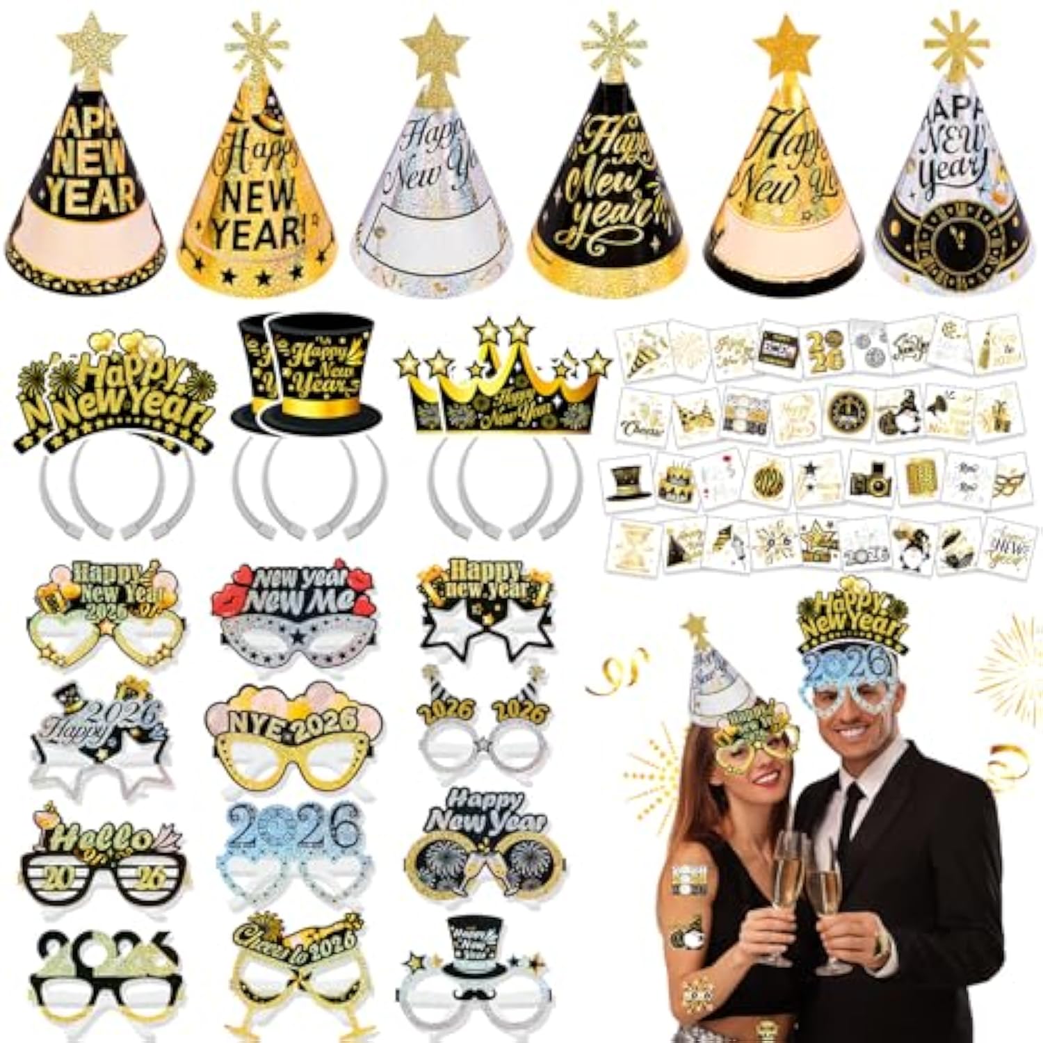 New Year Eve Party Supplies 2026 59Pcs Black Gold Silver Hats Glasses Favors