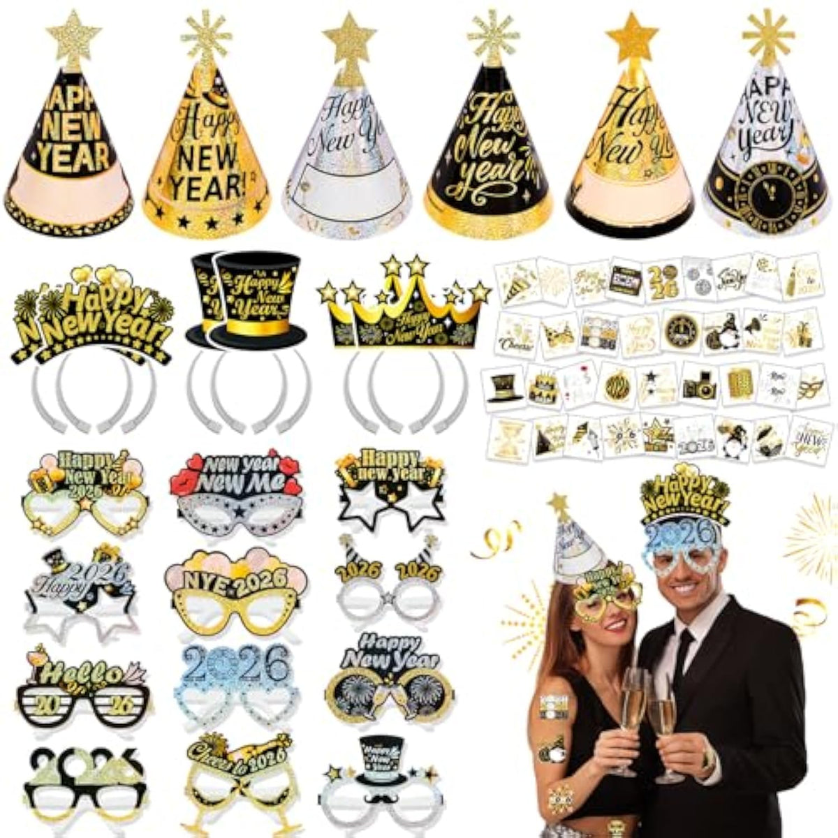 New Year Eve Party Supplies 2026 59Pcs Black Gold Silver Hats Glasses Favors