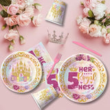 Princess 5Th Birthday Party Decorations Tableware Girl, Pink And Gold Princess Theme Her Royal 5Ness Birthday Party Supplies, Disposable Paper Plate, Cup, Napkin, Cutlery, Serves 24