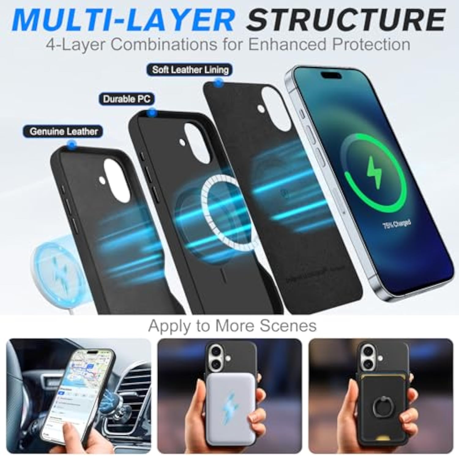 SHIELDON Leather Case for iPhone 16 6.1", Compatible with MagSafe, Genuine Leather/Magnetic Wireless Charging/Anti-Scratch/Non-Slip/Shockproof/Metal Buttons/Camera Bump Frame/Slim Cover - Black