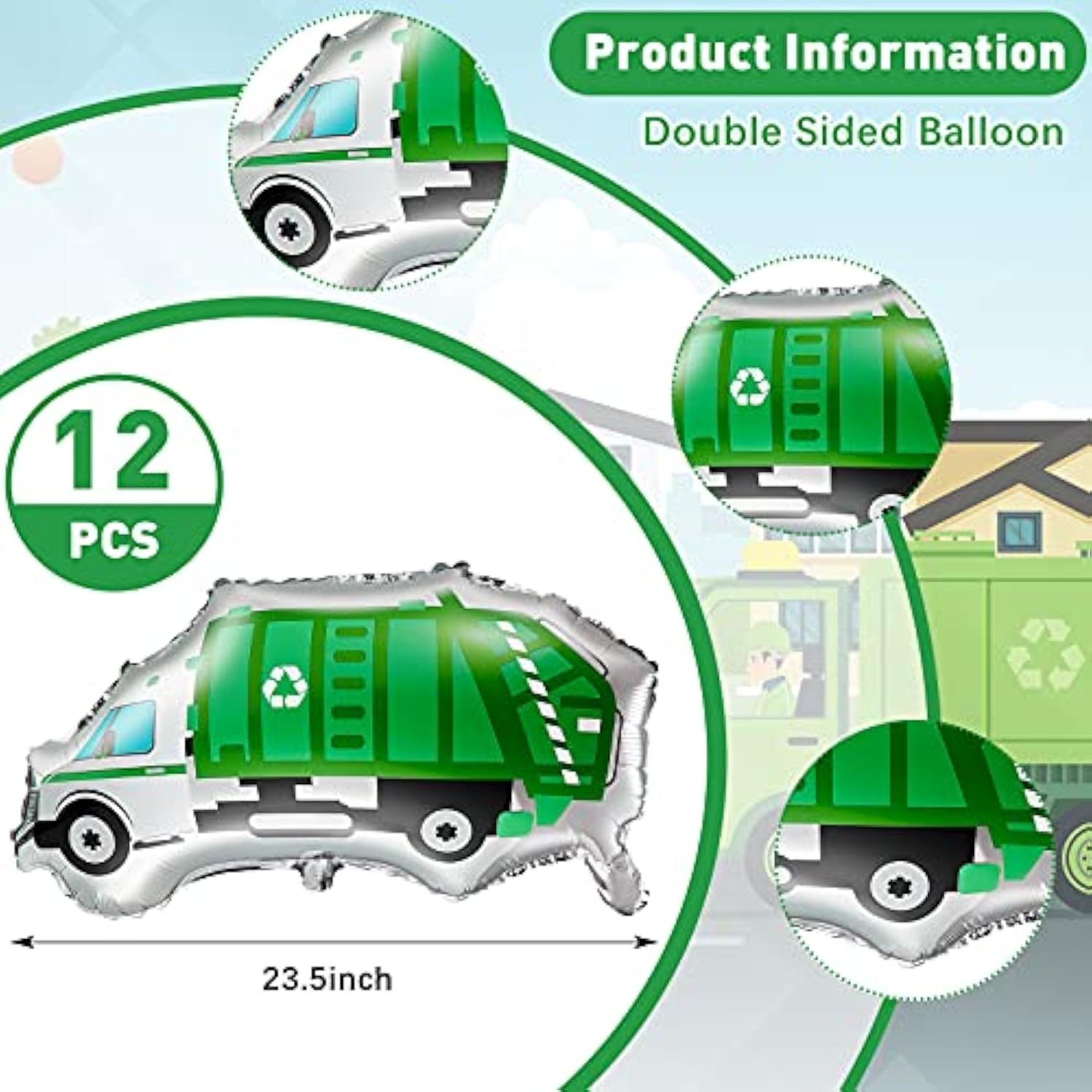 12 Pack Garbage Truck Foil Balloon Trash Truck Birthday Party Decoration Trash Waste Management Recycling Green Foil Balloon Baby Shower Party Favor Supplies