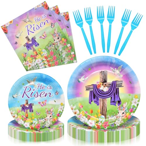 96 Pieces "He is Risen" Easter Day Tableware Set Party Supplies - Religious Theme Disposable Dinnerware with Paper Plates, Napkins, Forks for Spring Resurrection Christian Celebration Favors