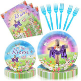 96 Pieces "He is Risen" Easter Day Tableware Set Party Supplies - Religious Theme Disposable Dinnerware with Paper Plates, Napkins, Forks for Spring Resurrection Christian Celebration Favors