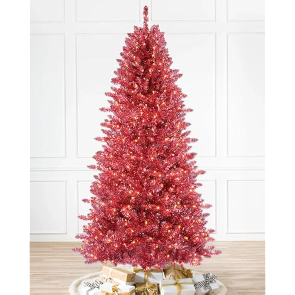 Martha Stewart Tinsel Pre-Lit Artificial Christmas Tree, 7 Ft, Clear Lights, Pink - Led…