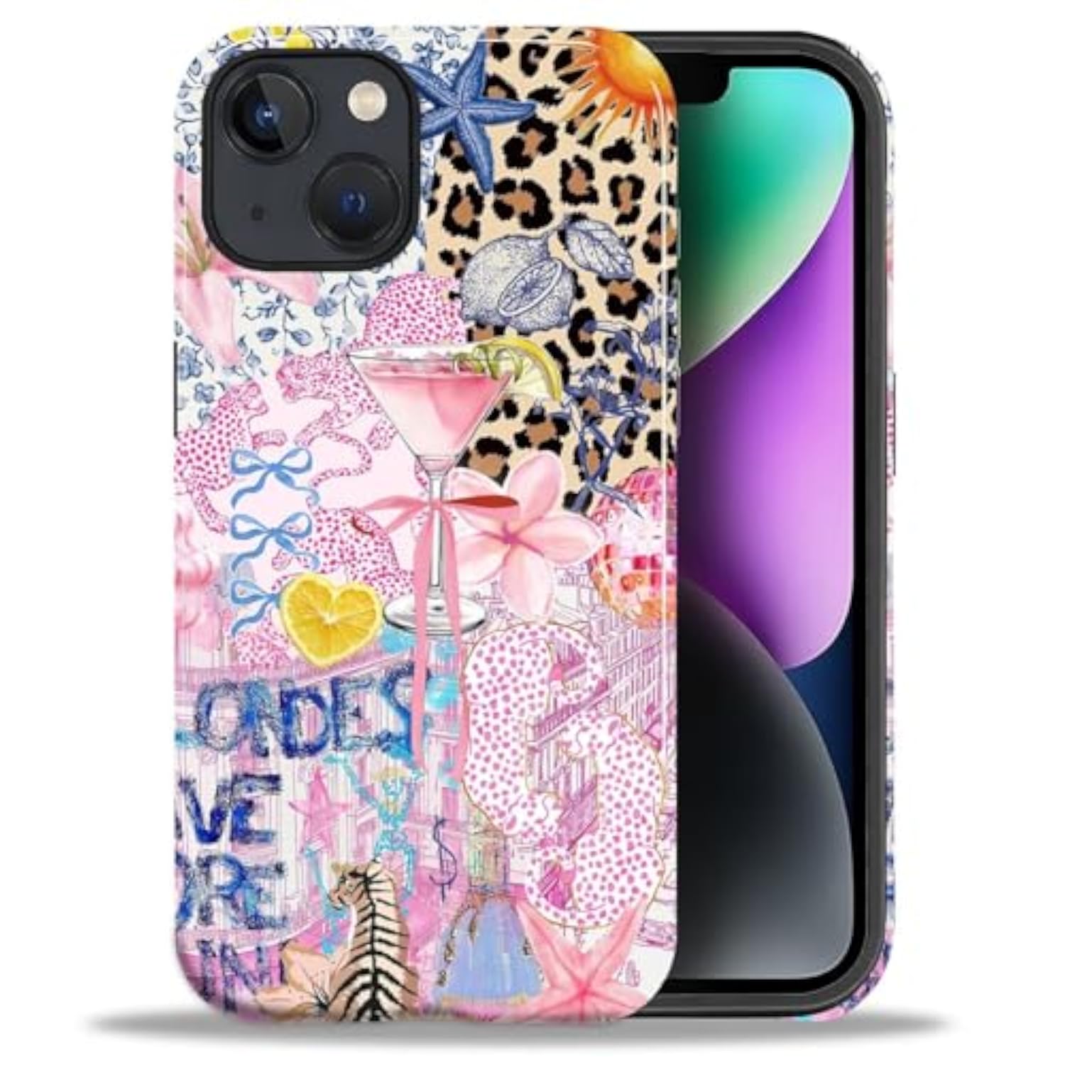 Cute iPhone 13 14 Case, Aesthetic Dual Layer Shockproof Phone Cover for Women Girls, Pink Blue Leopard Collage