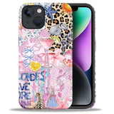 Cute iPhone 13 14 Case, Aesthetic Dual Layer Shockproof Phone Cover for Women Girls, Pink Blue Leopard Collage