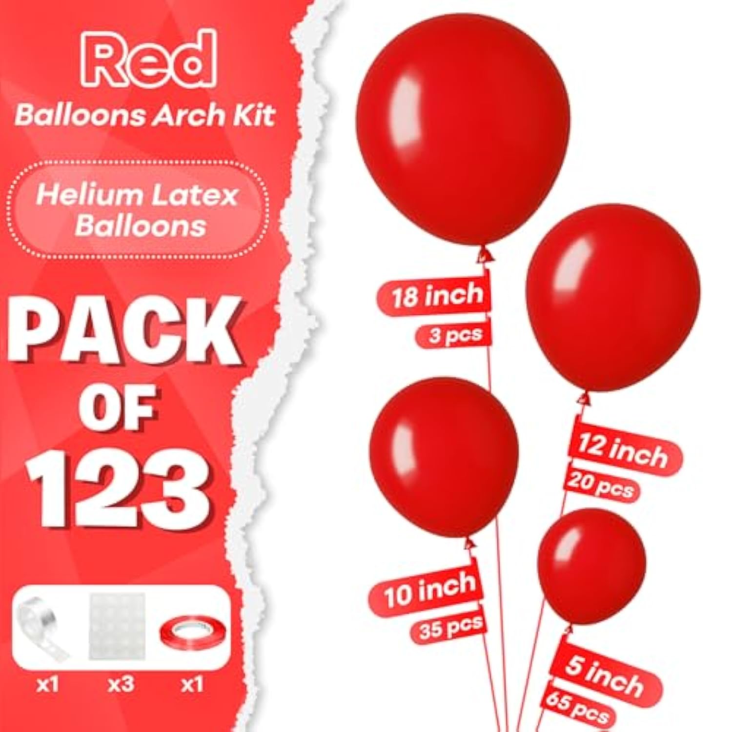 Red Balloons Different Sizes, 123 Packs Matte Red Balloons, Pack Of 18 12 10 5 Inch Premium Red Balloons Garland Arch Kit For Valentine'S Day Birthday Wedding Christmas Party Decorations