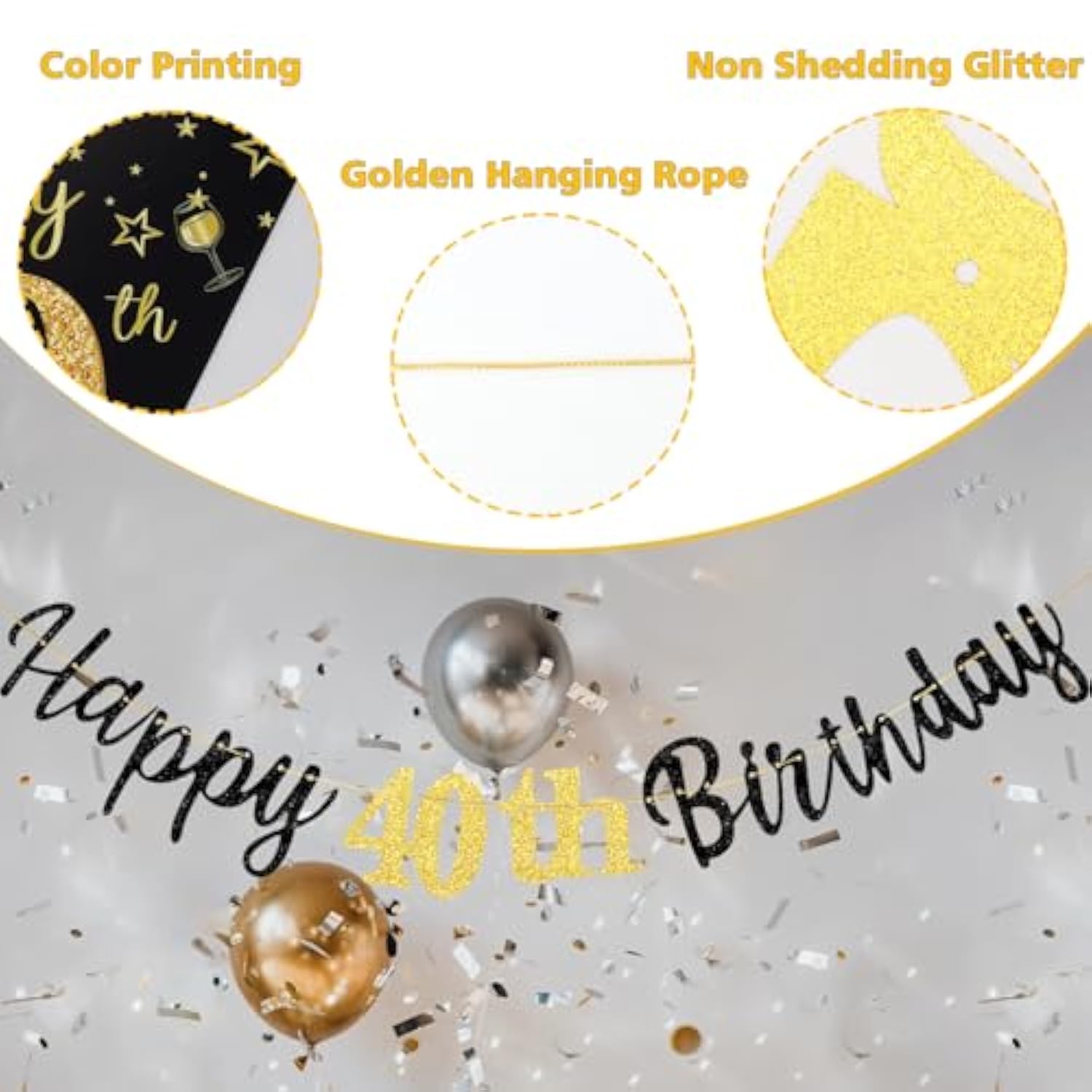 Black Gold 40th Birthday Banner for Men and Women Party Decor